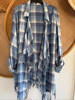 Y2K Grunge Plaid Flannel Fringe Open Cardigan